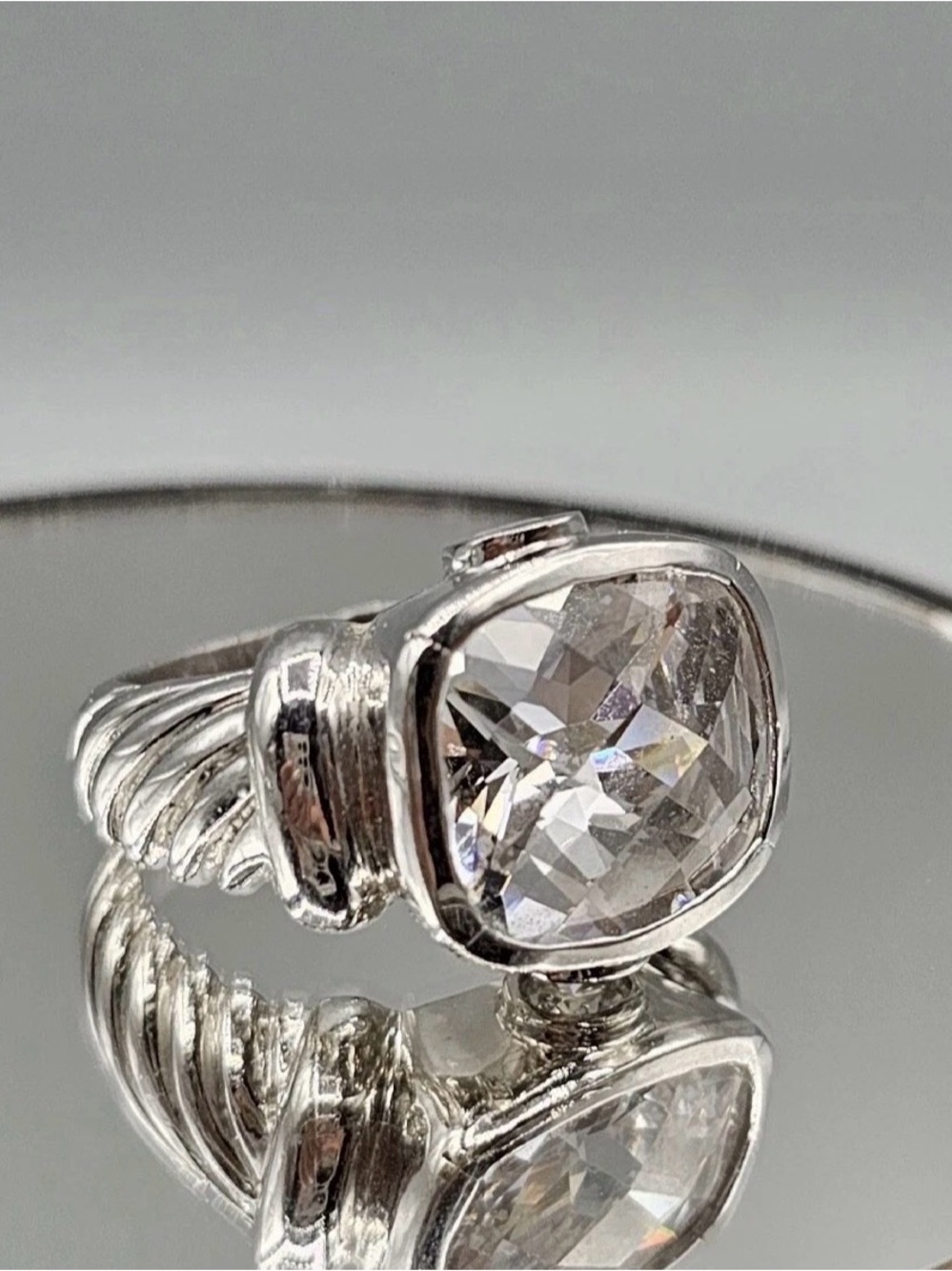 6.5 Silver Ring w/ Large Clear Solitare Rectangular Stone